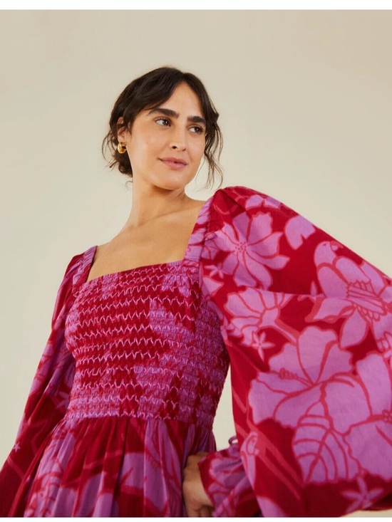 FARM Rio Dresses & Skirts - FARM Rio Burgundy and Pink Floral Puff-Sleeve Maxi Dress